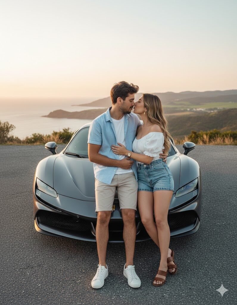 Romantic Couple Kissing Outside Supercar Prompt